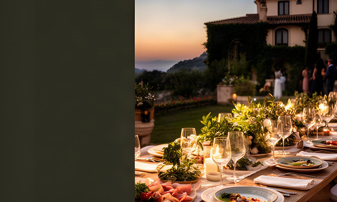 Tavolo nuziale apparecchiato all’aperto in una villa calabrese al tramonto